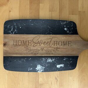 charcuterie board acacia and slate w/ 4 metal cheese knives & 2 coasters